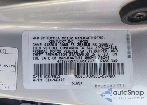 2003 Toyota Camry Le из США, поврежденный, VIN 4T1BE32K53U650767